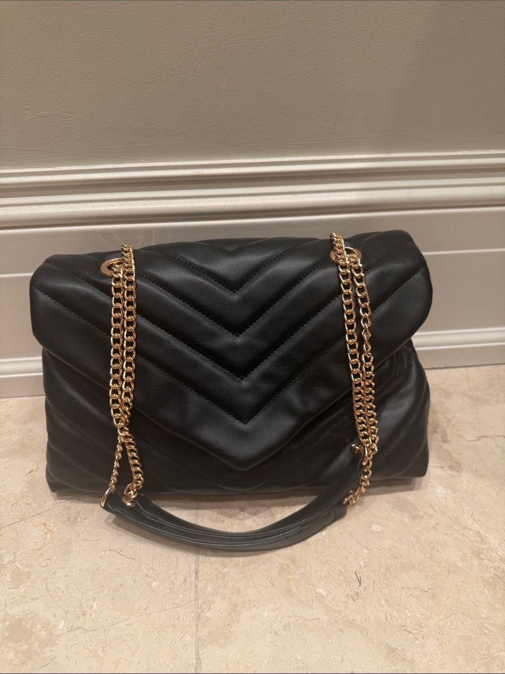 Black Quilted Shoulder Bag with Gold Chain